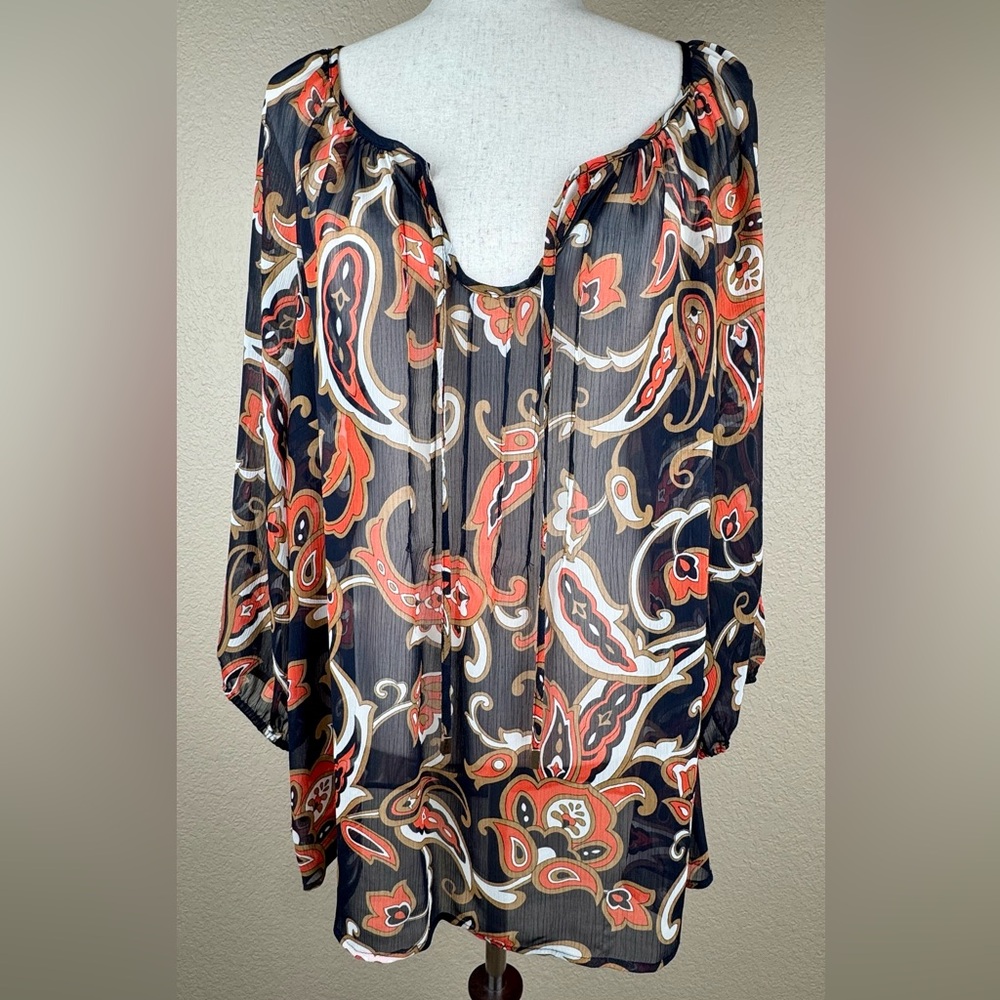 Charter Club Woman Sheer Blouse. Attractive Print, Open Neckline. Size- 1X